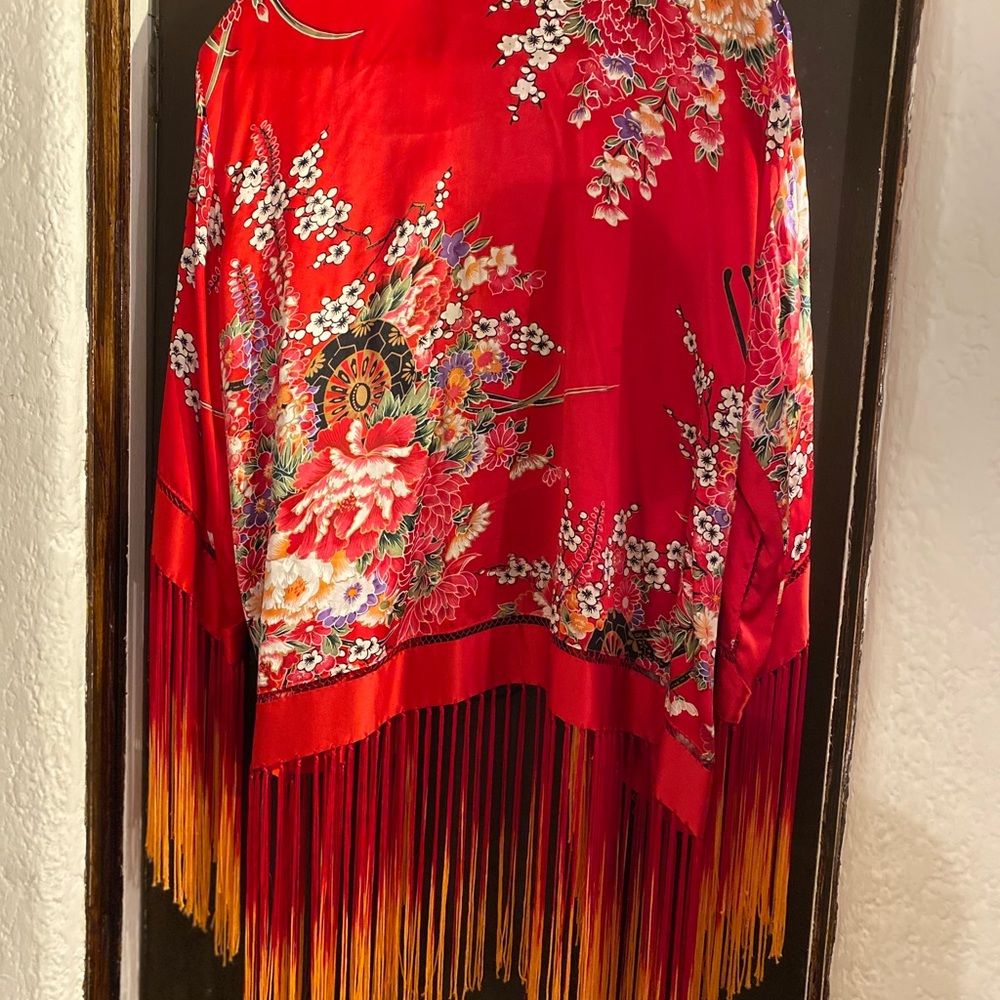 Free People Red Silk Kimono with Fringe